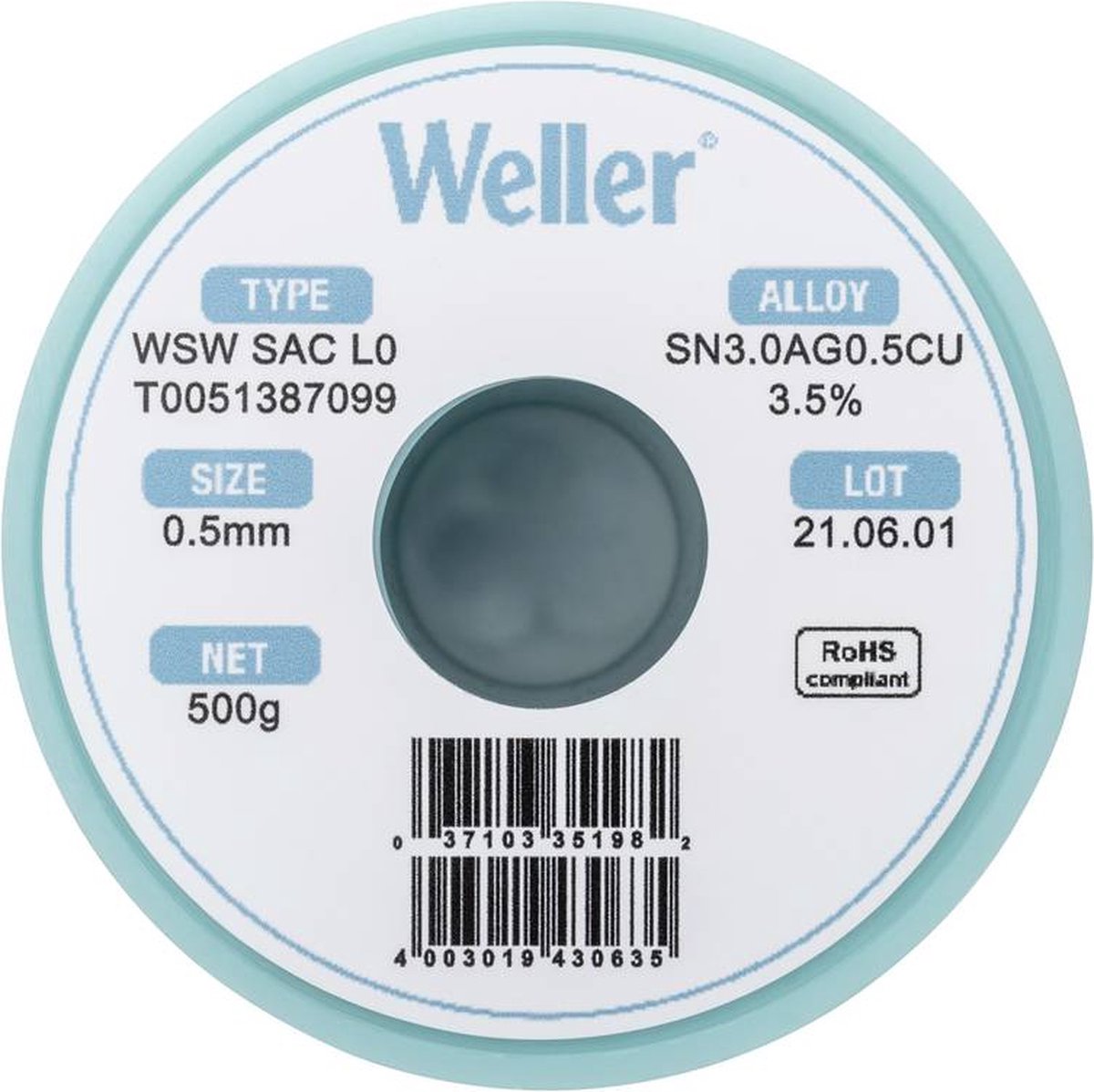 Weller WSW SAC L0 Soldeertin, loodvrij Spoel Sn3,0Ag0,5Cu 500 g 0.5 mm