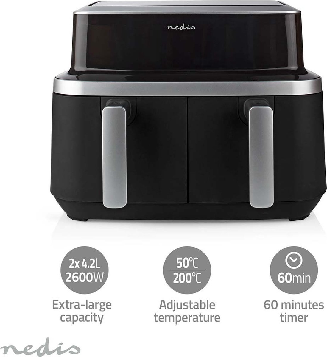 Nedis Dubbele Heteluchtfriteuse | 2x4.2 l | Tijdschakelaar: 60 min | Aantal vooraf ingestelde programma's: 10 | Digitaal | Zwart - KAAF320BK