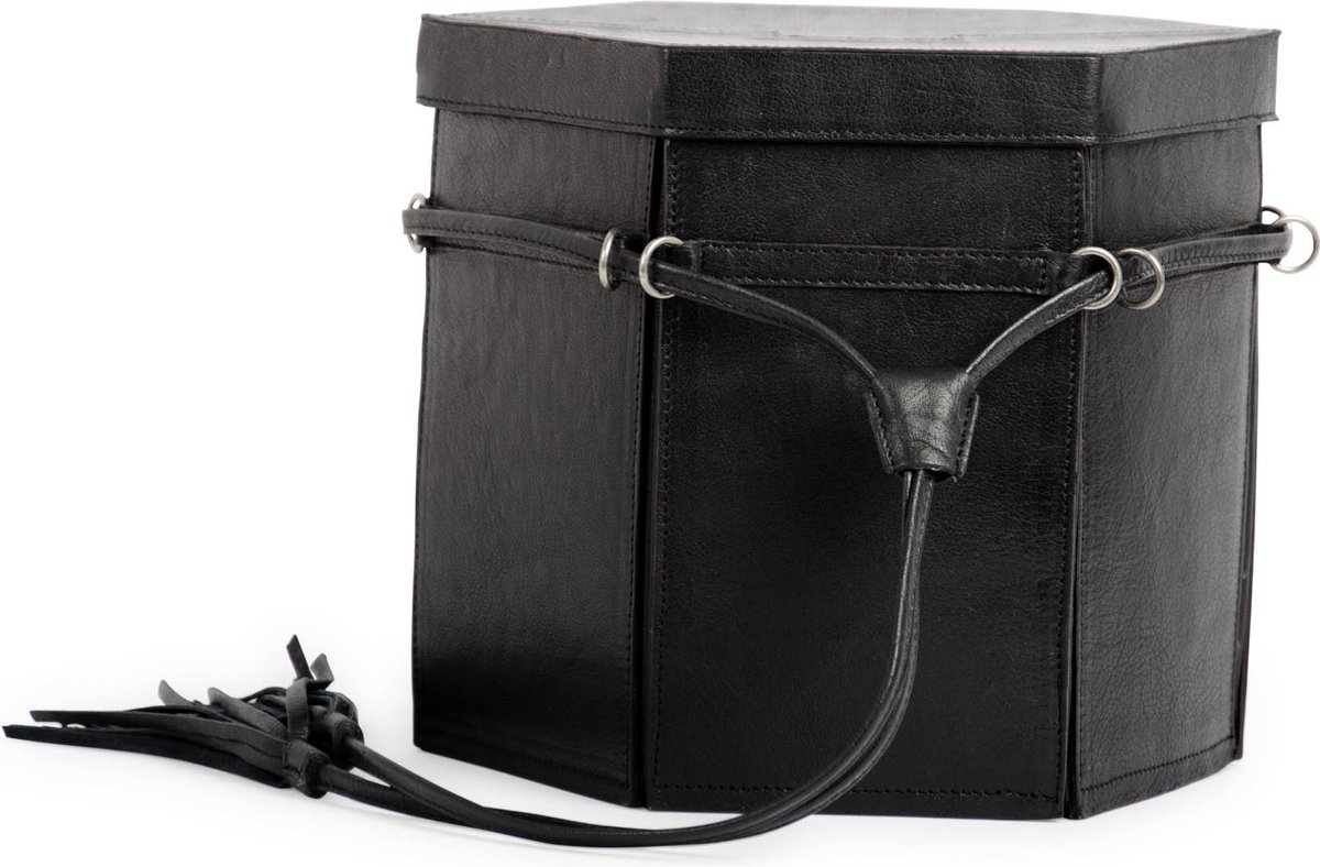 MUUD Evita XL Black - Handgemaakt leren 6 kantige handwerk opbergdoos 22x22x26cm