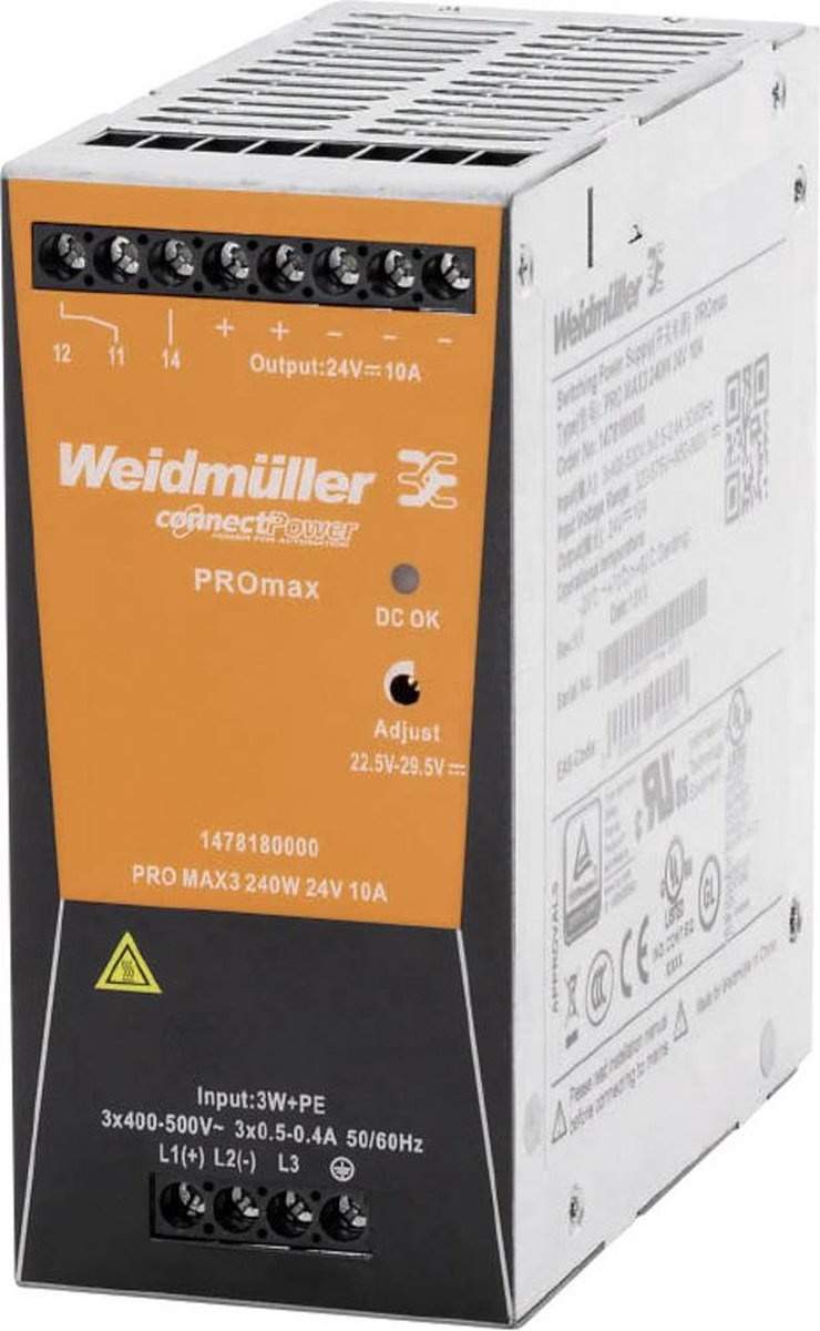 Weidmüller PRO MAX3 480W 24V 20A DIN-rail netvoeding 12 V/DC 20 A 480 W Inhoud: 1 stuk(s)