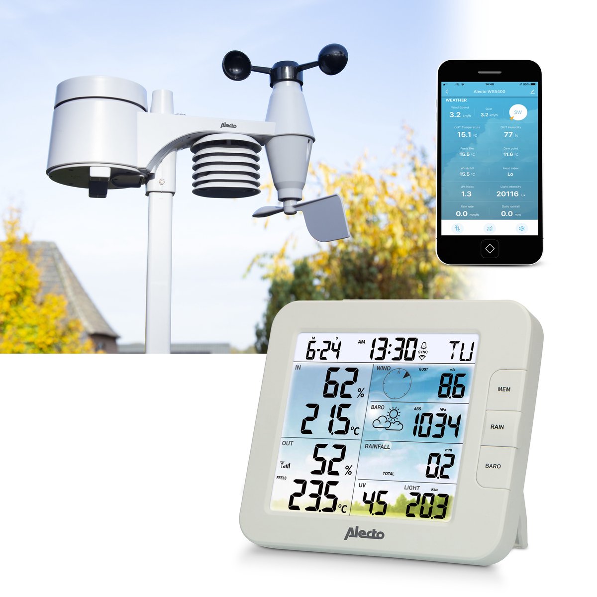 Alecto WS5400 Professional 8-in-1 Wi-Fi-weerstation met app en draadloze buitensensor - WS5400
