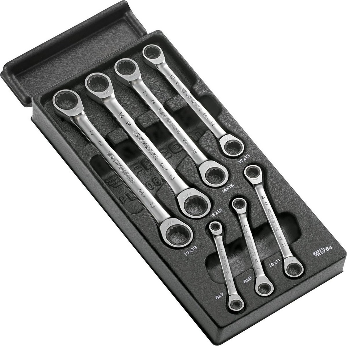 Facom module met 7 ratelringsleutels 12-kant 6 tot 19 mm - MOD.64J7