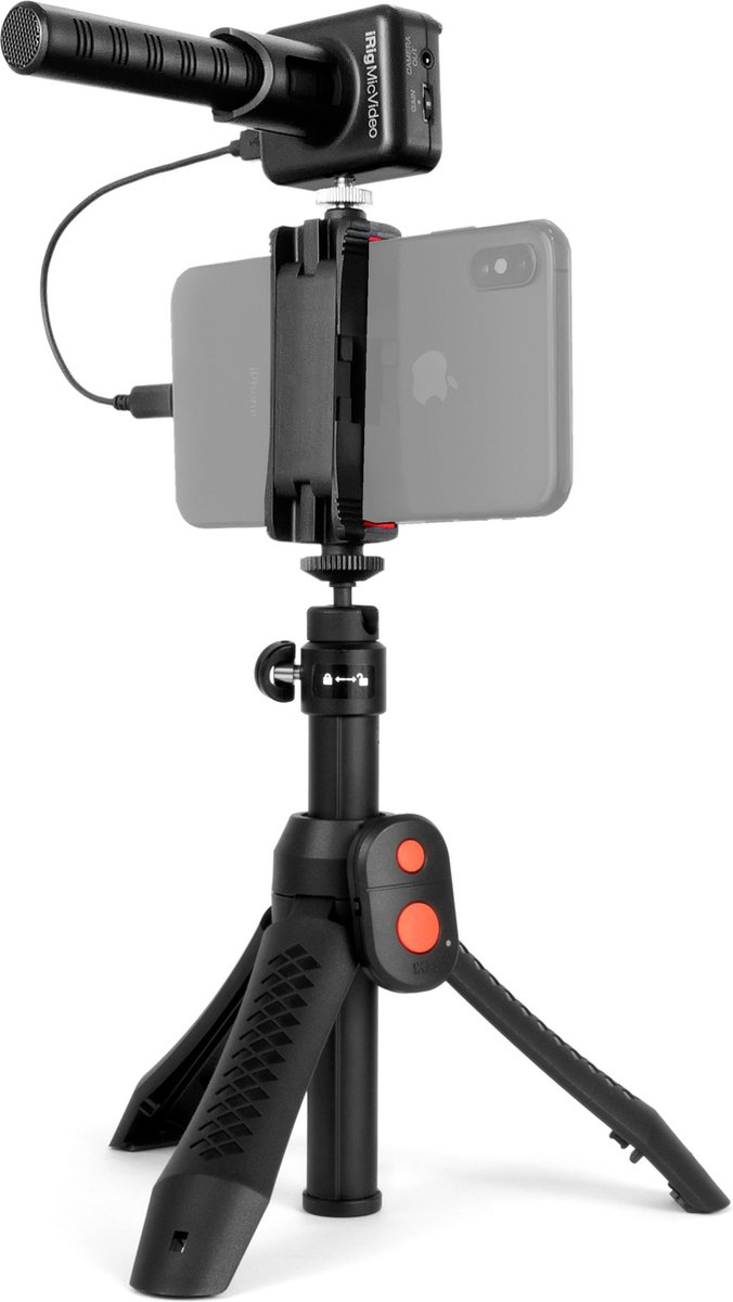 IK Multimedia iRig Mic Video Bundle Smartphone microfoon Statief Zendmethode:Kabelgebonden Incl. standaard, Incl. windkap USB, Hoofdtelefoon (3.5 mm jackplug)
