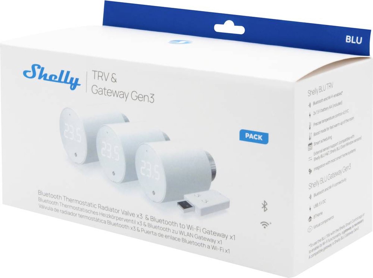 Shelly 3x Blu TRV & Blu Gateway Gen3 Gateway, Radiatorthermostaat Bluetooth Low Energy, WiFi