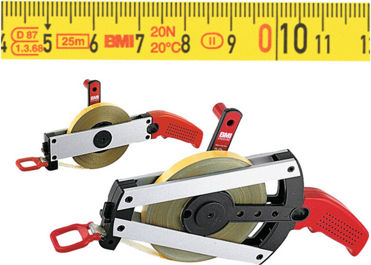 BMI Meetband met frame | lengte 50 m bandbreedte 13 mm | A EG II | aluminium geel stalen rolbandmaat | 1 stuk - 305044050AF 305044050AF