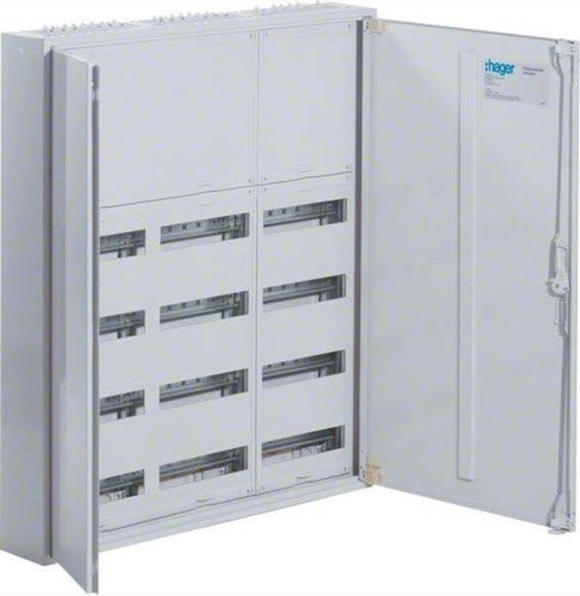 Hager FWB62N FWB62N Veldverdeler Opbouw (op muur), Inbouw (in muur), Deels verzonken Aantal groepen: 96 Aantal rijen: 8 Inhoud: 1 stuk(s)