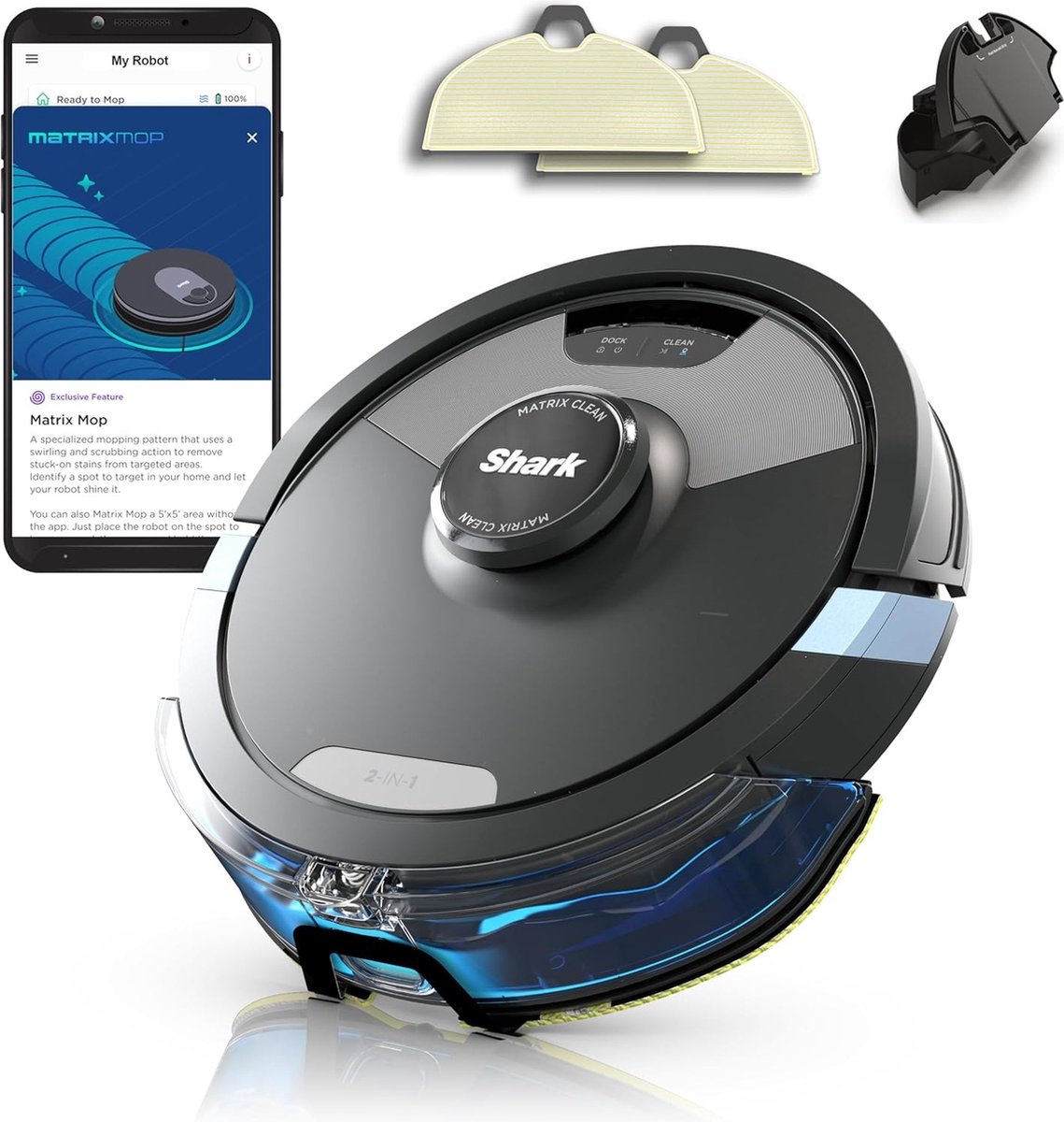 Shark Matrix Plus 2-in-1 Dweil- en zuigrobot Zwart Besturing via App, Zakloos, Incl. accu, Incl. lader