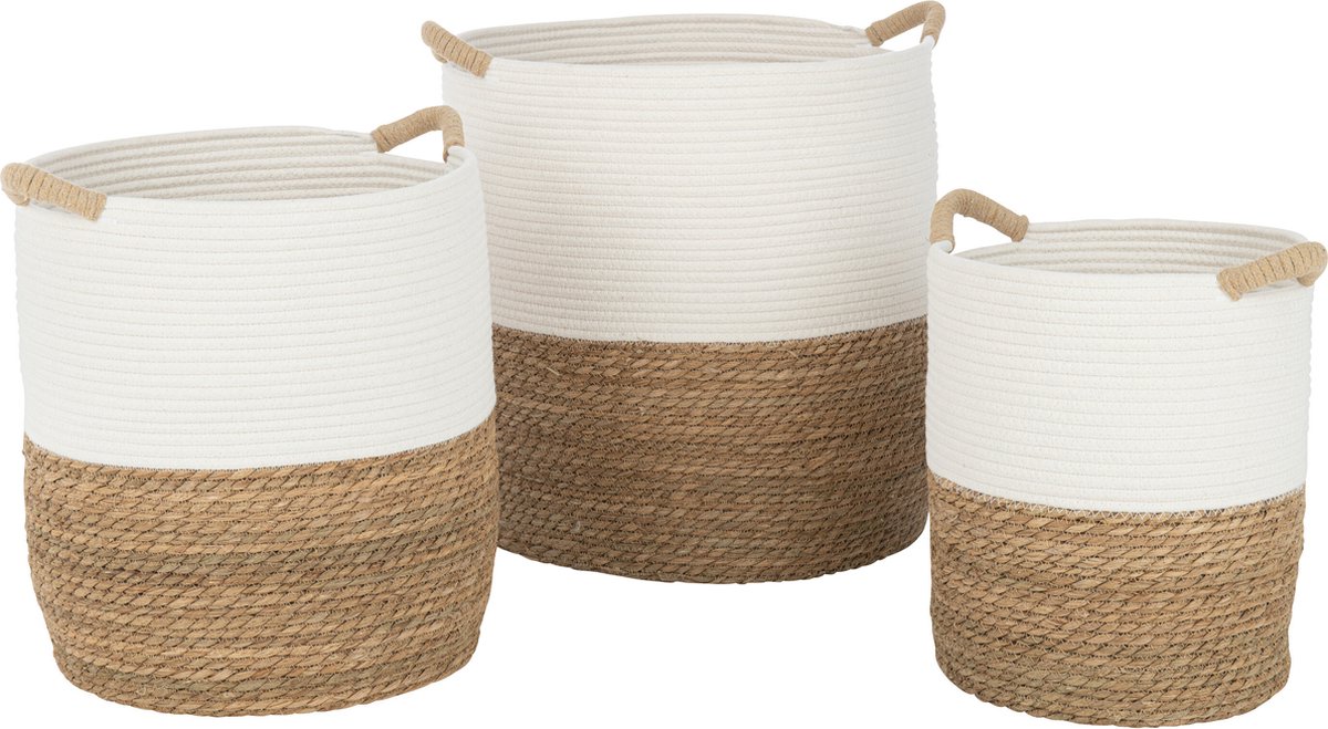 J-Line mand Rond Handvatten - textiel - wit|naturel - 3 stuks