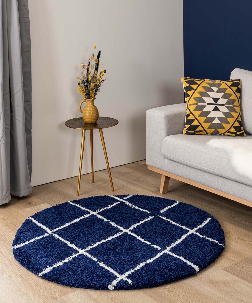 Boho&me Rond hoogpolig vloerkleed ruiten Artisan - marineblauw|wit -