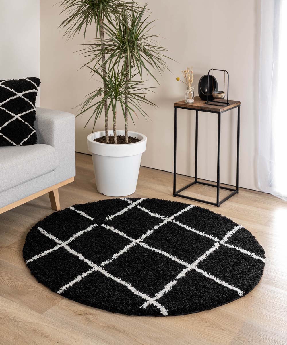Boho&me Rond hoogpolig vloerkleed ruiten Artisan - zwart|wit - 240 cm