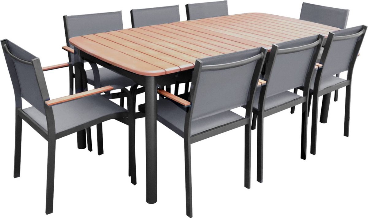 sweeek - Houten en aluminium tuinset, tuintafel + 8 fauteuils
