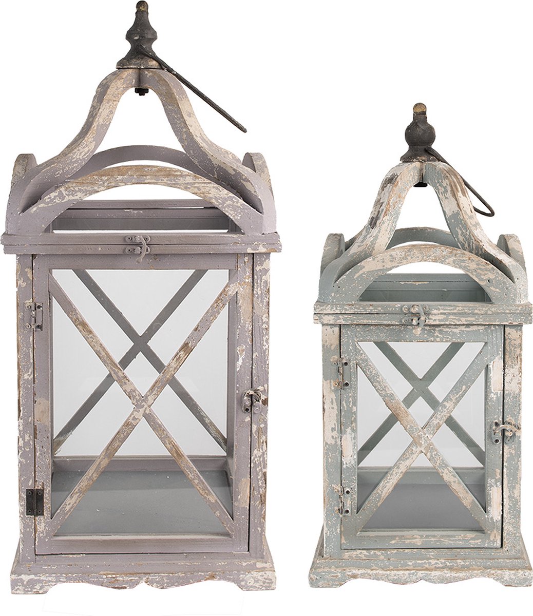 Clayre & Eef Lantaarn Set van 2 73|56 cm Grijs Hout Glas