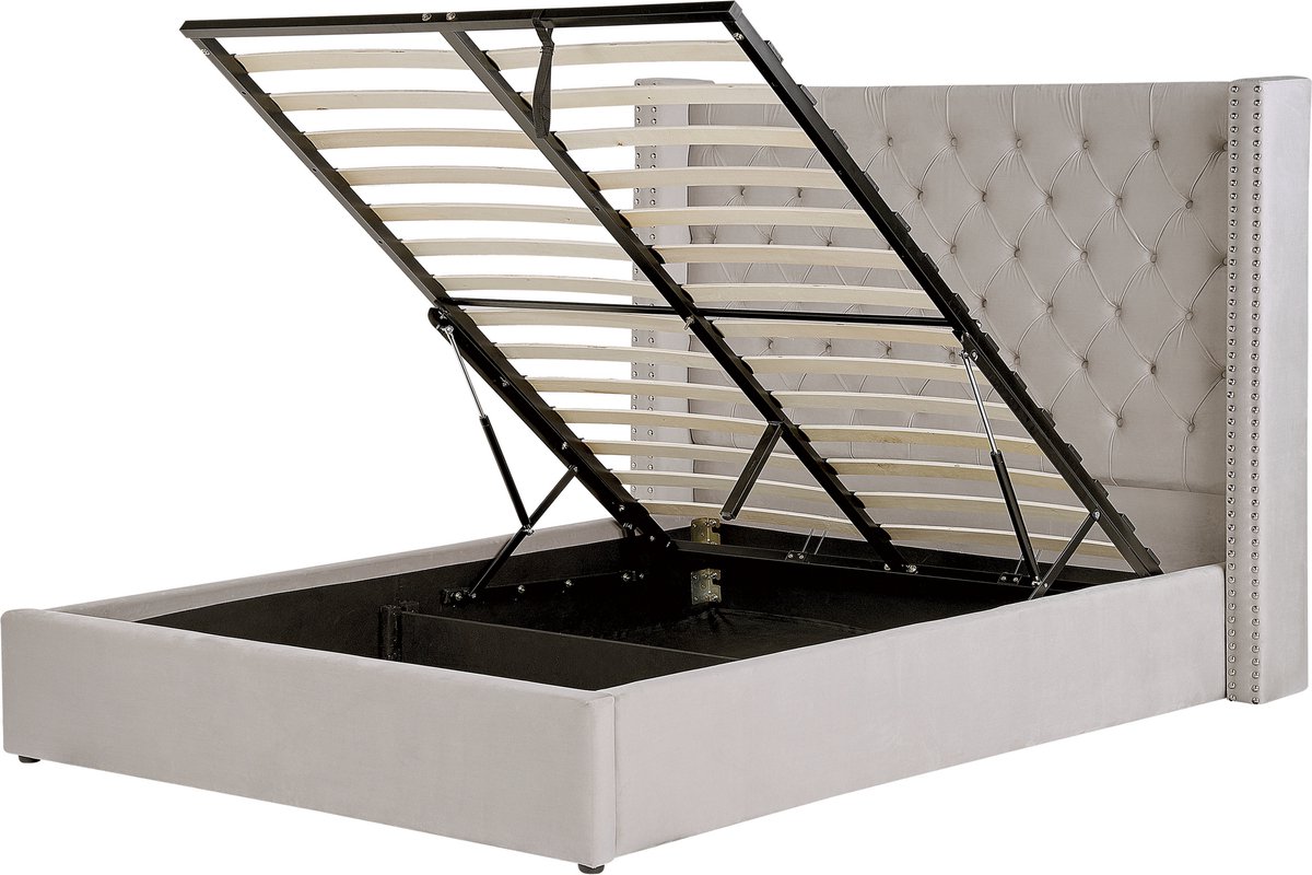 Beliani-LUBBON-Bed met opbergruimte-Grijs-160 x 200 cm-Fluweel