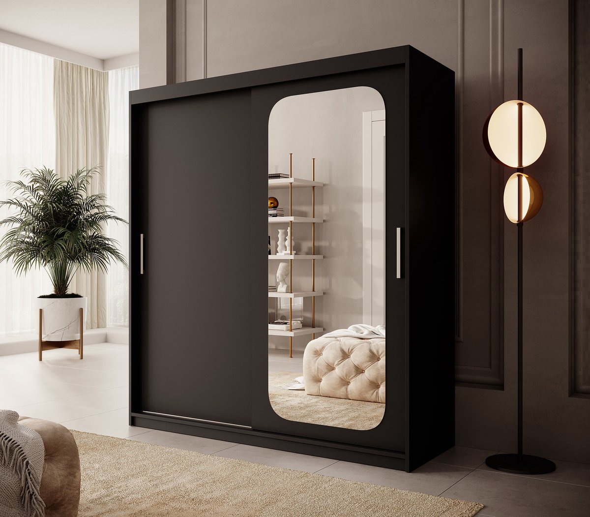 Meubella Kledingkast Pete - Zwart - 180 cm - Met spiegel