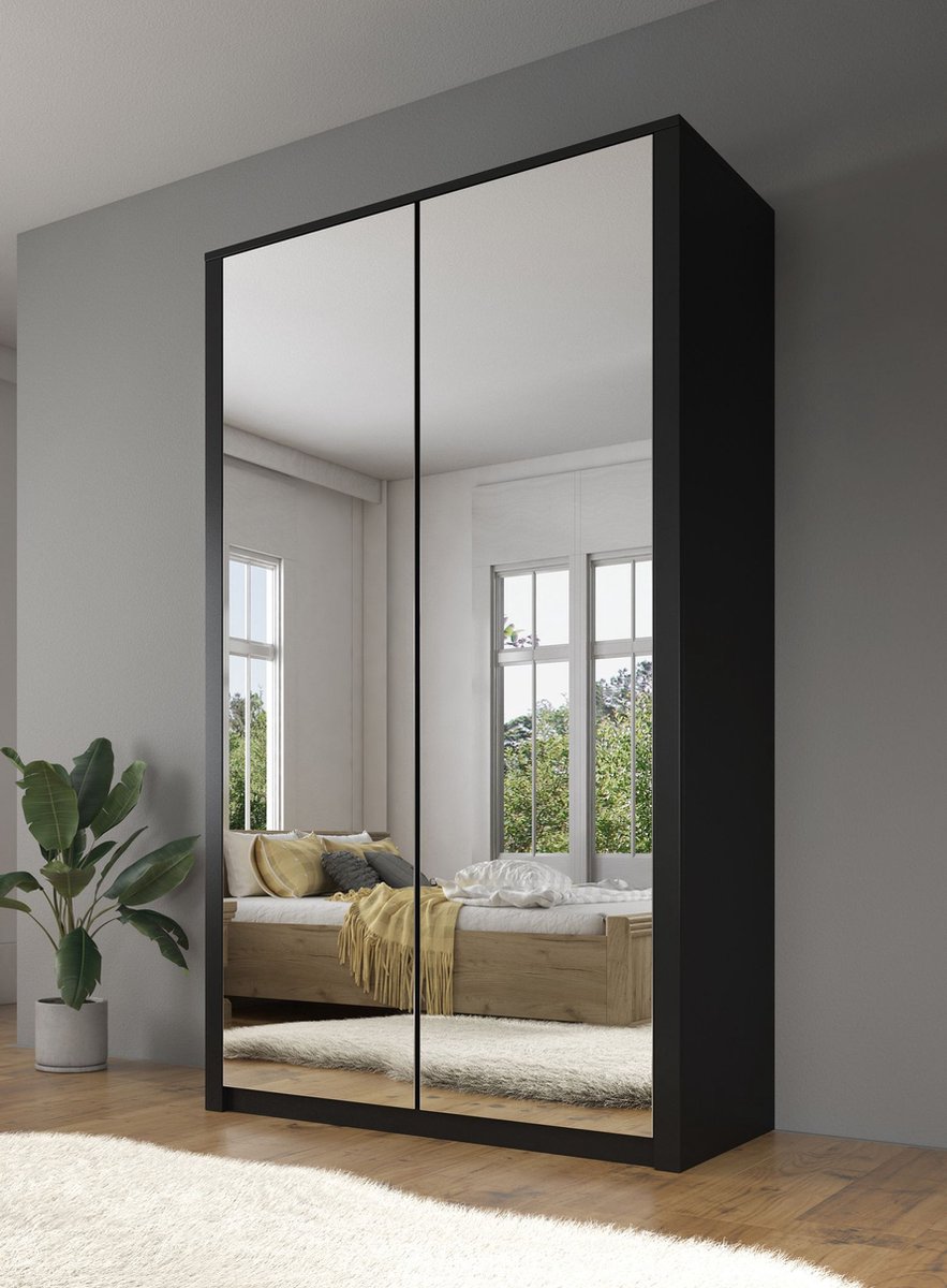 Meubella Kledingkast Malibu - Mat zwart - 113 cm - Met spiegel