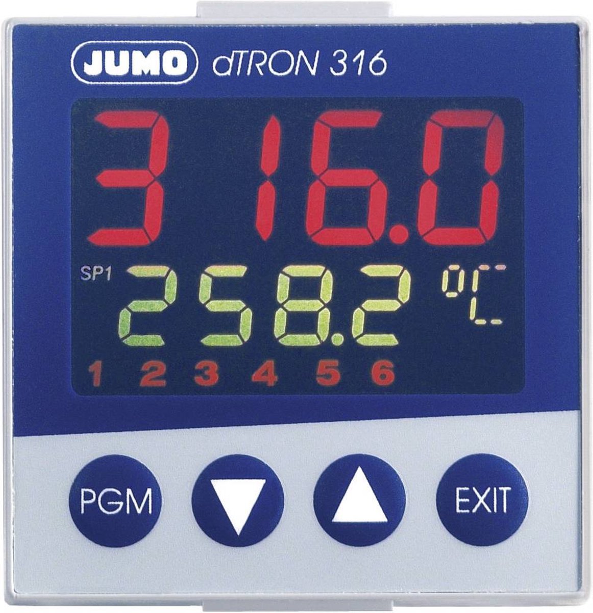 Jumo dTRON 316 PID Temperatuurregelaar Pt100, Pt500, Pt1000, KTY11-6, L, J, U, T, K, E, N, S, R, B, C, D -200 tot +2400 °C Relais 3 A, Analoge stroom (l x b x