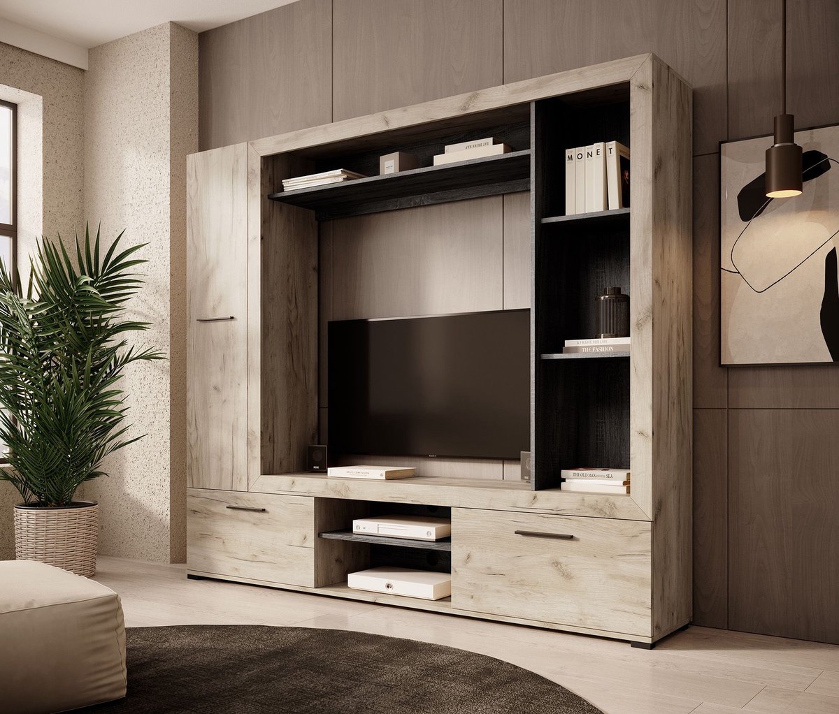 Meubella Wandmeubel Loni - Grijs eiken - Zwart eiken