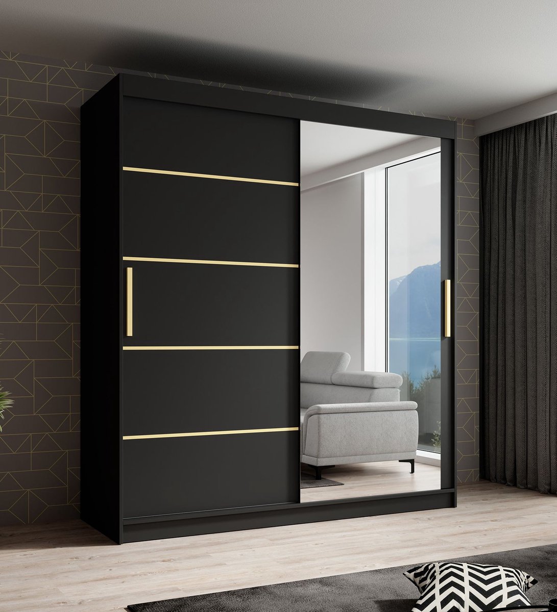 Meubella Kledingkast Malavi 2 - Zwart - 180 cm - Met spiegel