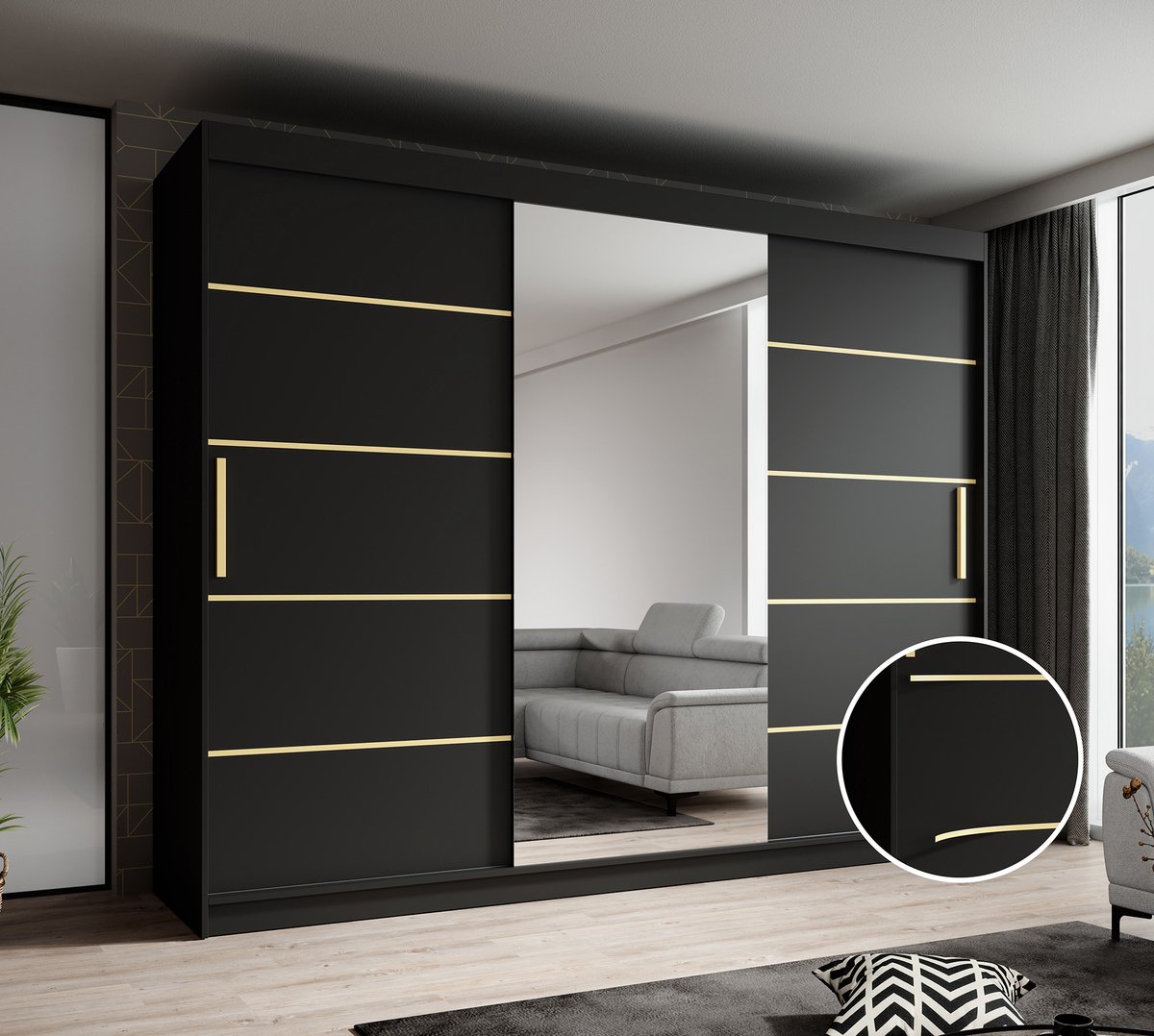 Meubella Kledingkast Malavi 2 - Zwart - 250 cm - Met spiegel