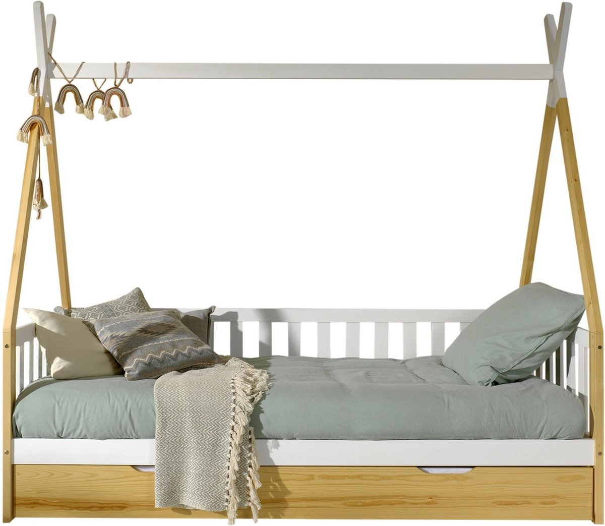 Vipack Tipi Bed met Uitvalbeveiliging en Bedlade Wit | Naturel