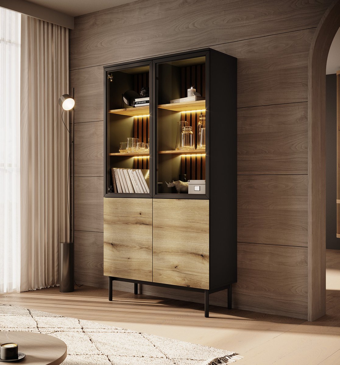 Meubella Vitrinekast Ludwig - Zwart - Eiken - 100 cm - Hoog