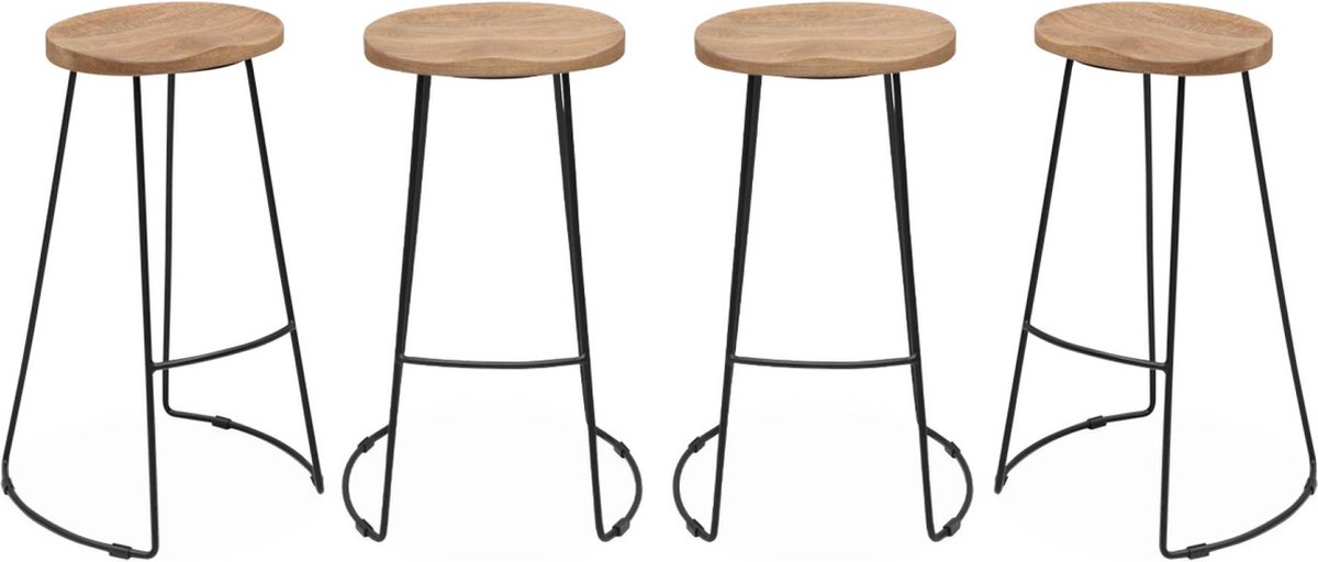 sweeek - Barkruk, mangohout en staal, voetsteun, 75cm (set van 4)