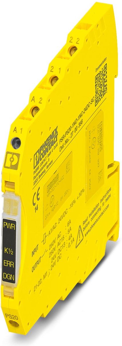 Phoenix Contact PSR-PS20-1NO-1NC-24DC-SC Veiligheidsrelais Voedingsspanning (num): 24 V/DC 1x NO (b x h x d) 6.8 x 93.1 x 102.5 mm 1 stuk(s)