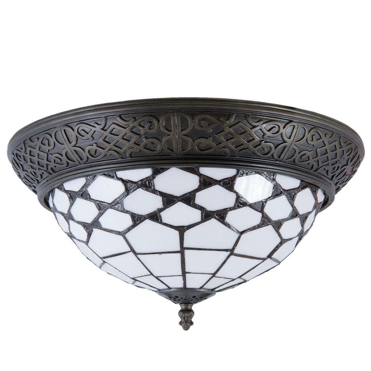 Clayre & Eef Plafondlamp Tiffany Ø 38x19 cm Wit Bruin Glas Halfrond