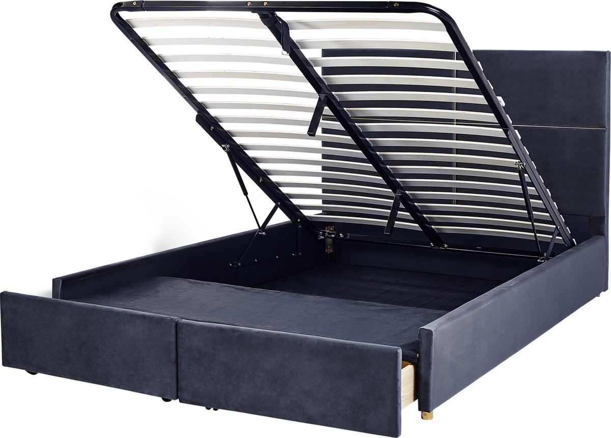 Beliani-VERNOYES-Bed met opbergruimte-Zwart-160 x 200 cm-Fluweel