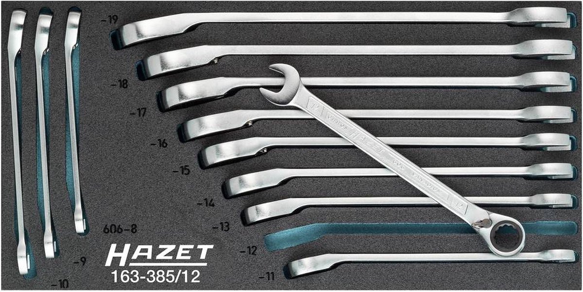 HAZET Ratelringsteeksleutelset 163-385/12 · Buitentwaalfkant tractieprofiel · 12-delig · 8 - 19