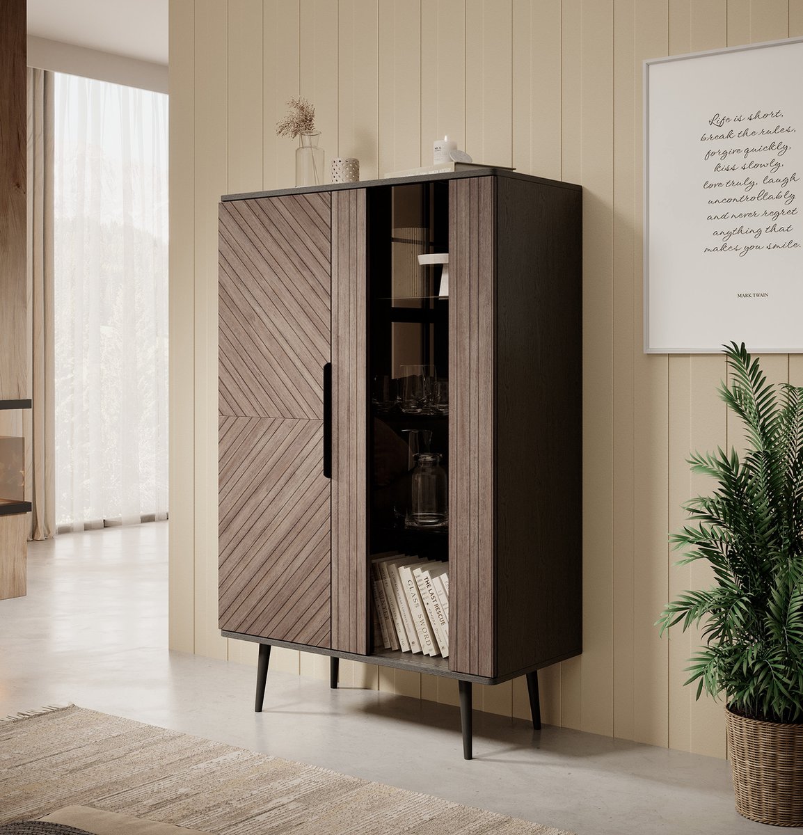 Meubella Vitrinekast Pedro - Donker eiken - Zwart eiken - 90 cm