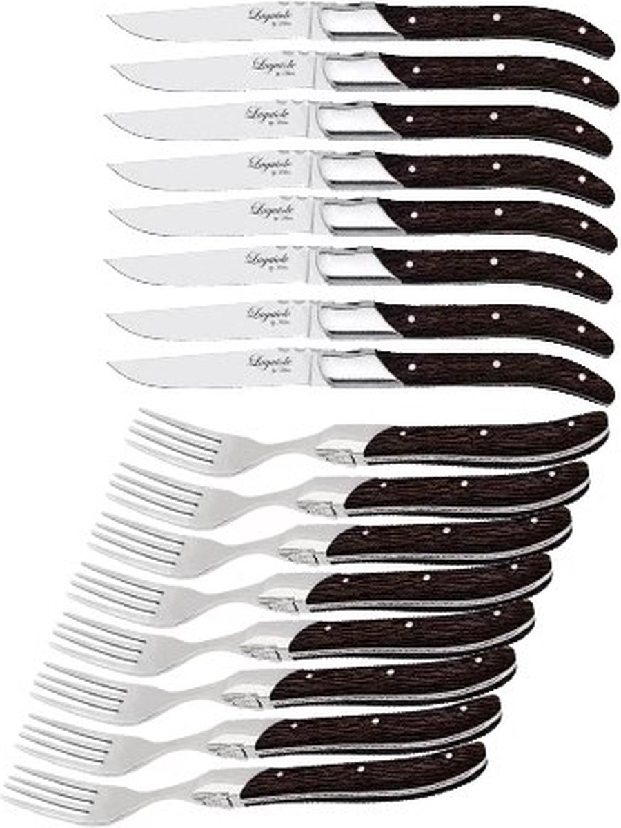 Bestekset, 16 delig, Wengéhout|RVS, Bruin - 8 Steakmessen & 8 Steakvor