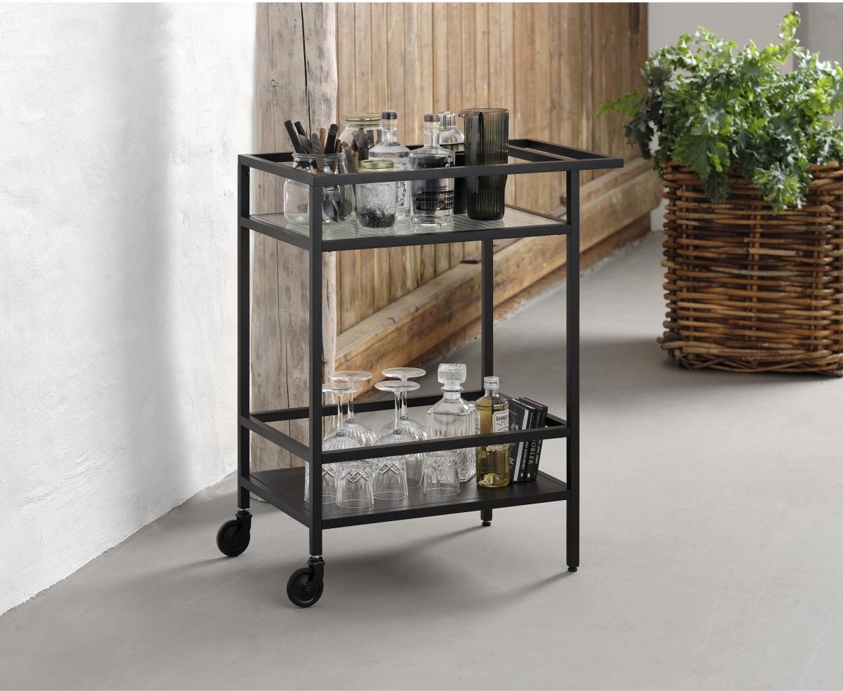 Nordic Home Olan glazen bijzettafel met wieltjes - zwart