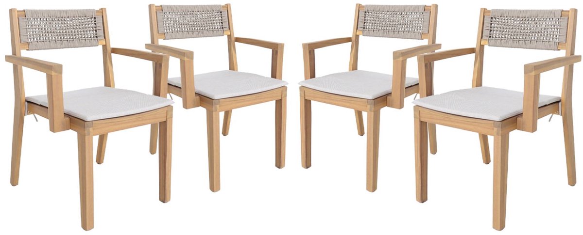 sweeek - Set van 4 acaciahouten tuinstoelen met kussen en touw