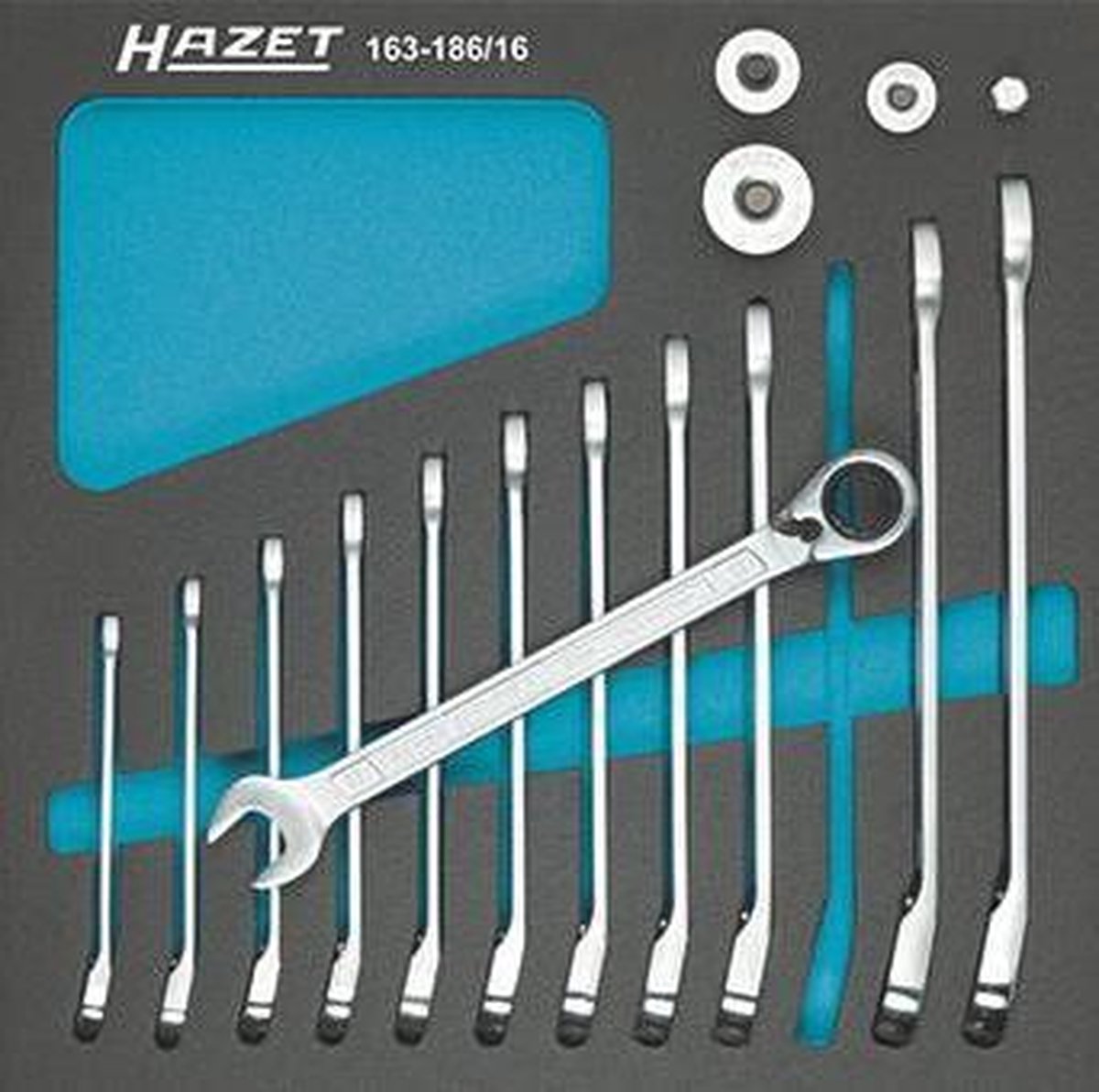 HAZET Ratelringsteeksleutelset - met vierkante adapters 163-186/16 - Buitentwaalfkant tractieprofiel - 16-delig - 8 - 19