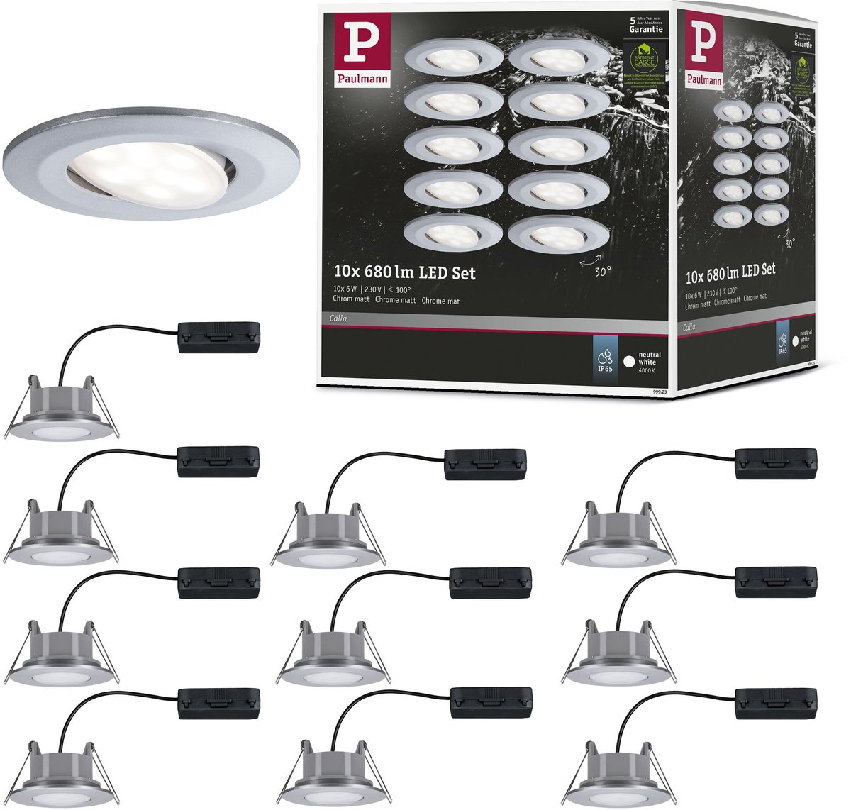 Paulmann LED-inbouwlamp voor badkamer Set van 10 stuks 60 W Chroom (mat)