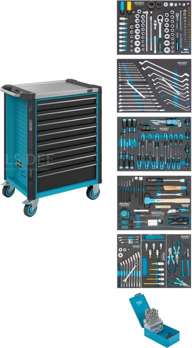 HAZET Gereedschapwagen - Assistent 179NX - assortiment 179NX-8/252 - 252-delig - Laden, ondiep: 7× 81 x 522 x 398 mm - Laden, diep: 1× 166 x 522 x 398
