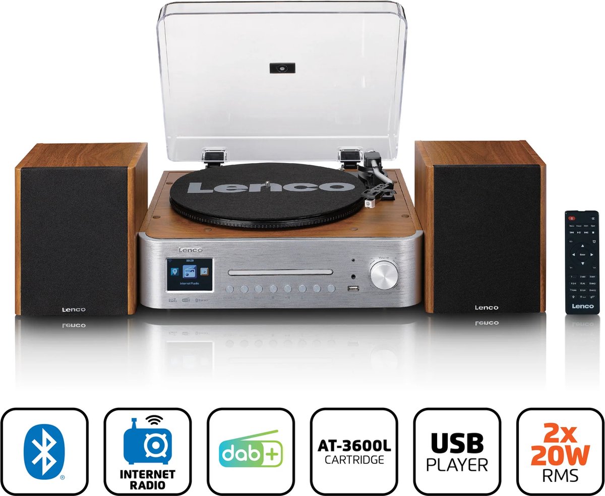 LENCO MC-660WDSI - Hifi set met internet, DAB+ en FM radio, Bluetooth®, CD/MP3-speler en platenspeler met twee externe houten luidsprekers - Zilver/Ho