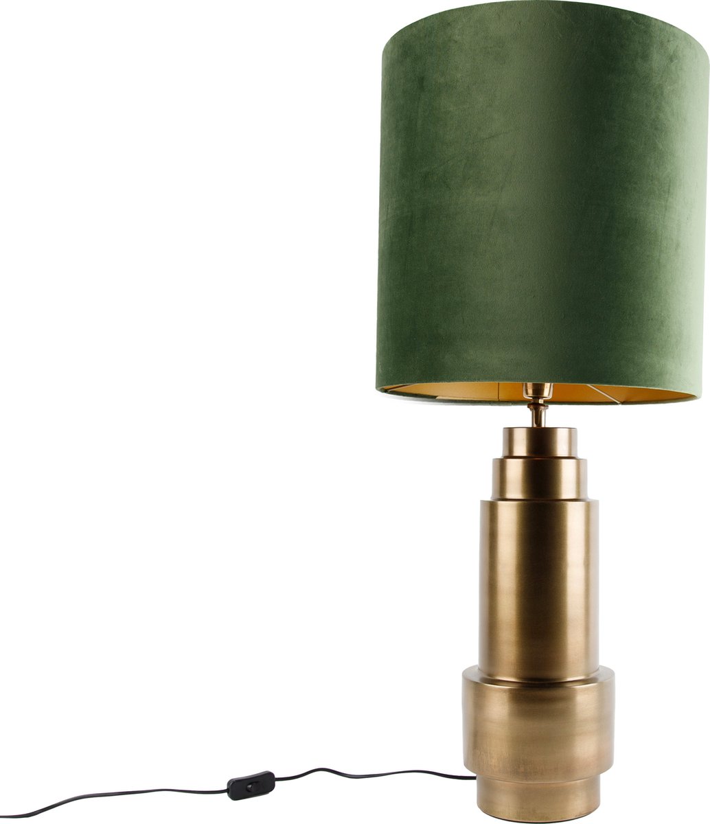 QAZQA Tafellamp brons velours kap groen met goud 40 cm - Bruut