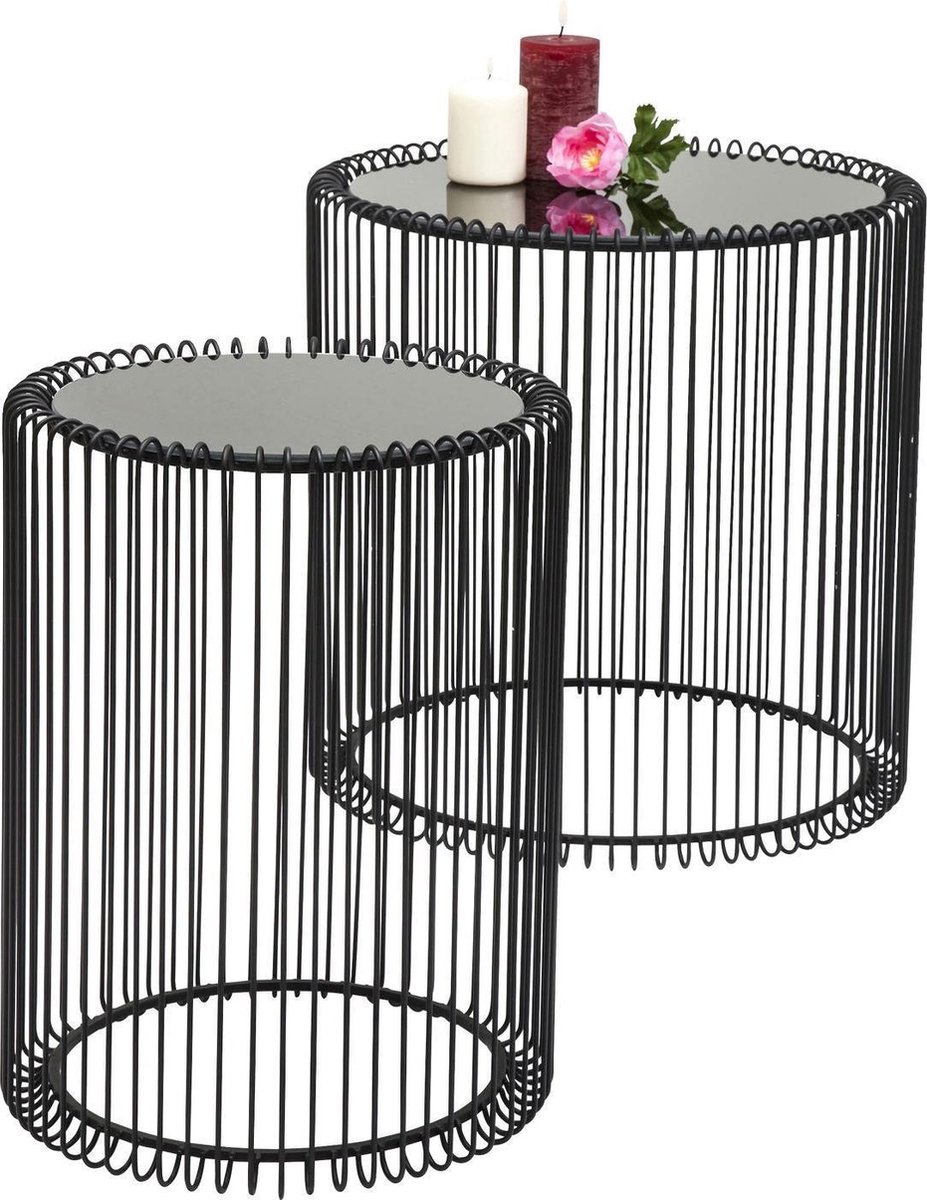 Kare Design Wire Bijzettafel Hoog - Set Van 2 - Zwart Met Glas
