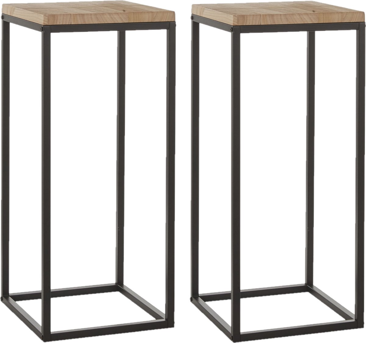Set van 2x stuks plantenstandaards Oskar vierkant hout/metaal zwart 35 x 81 cm -
