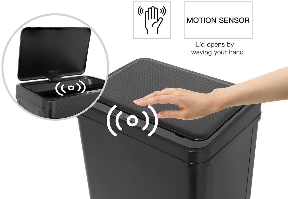Buccan - Grote prullenbak met bewegingssensor - Zwart - 60 Liter