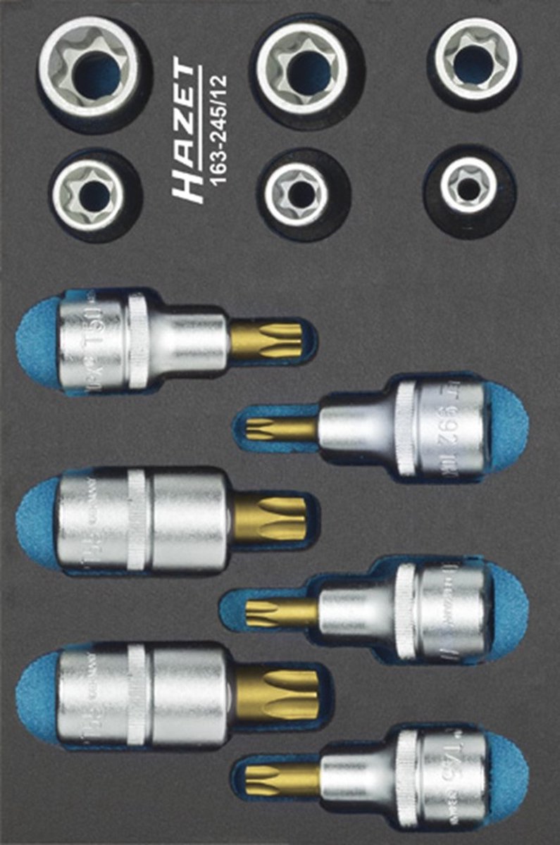 HAZET Gereedschapset - TORX® 163-245/12 - 1/2 inch (12,5 mm) vierkant hol - Buiten-TORX®-profiel, Binnen-TORX®-profiel - 12-delig - E10 - E20 - T30 -