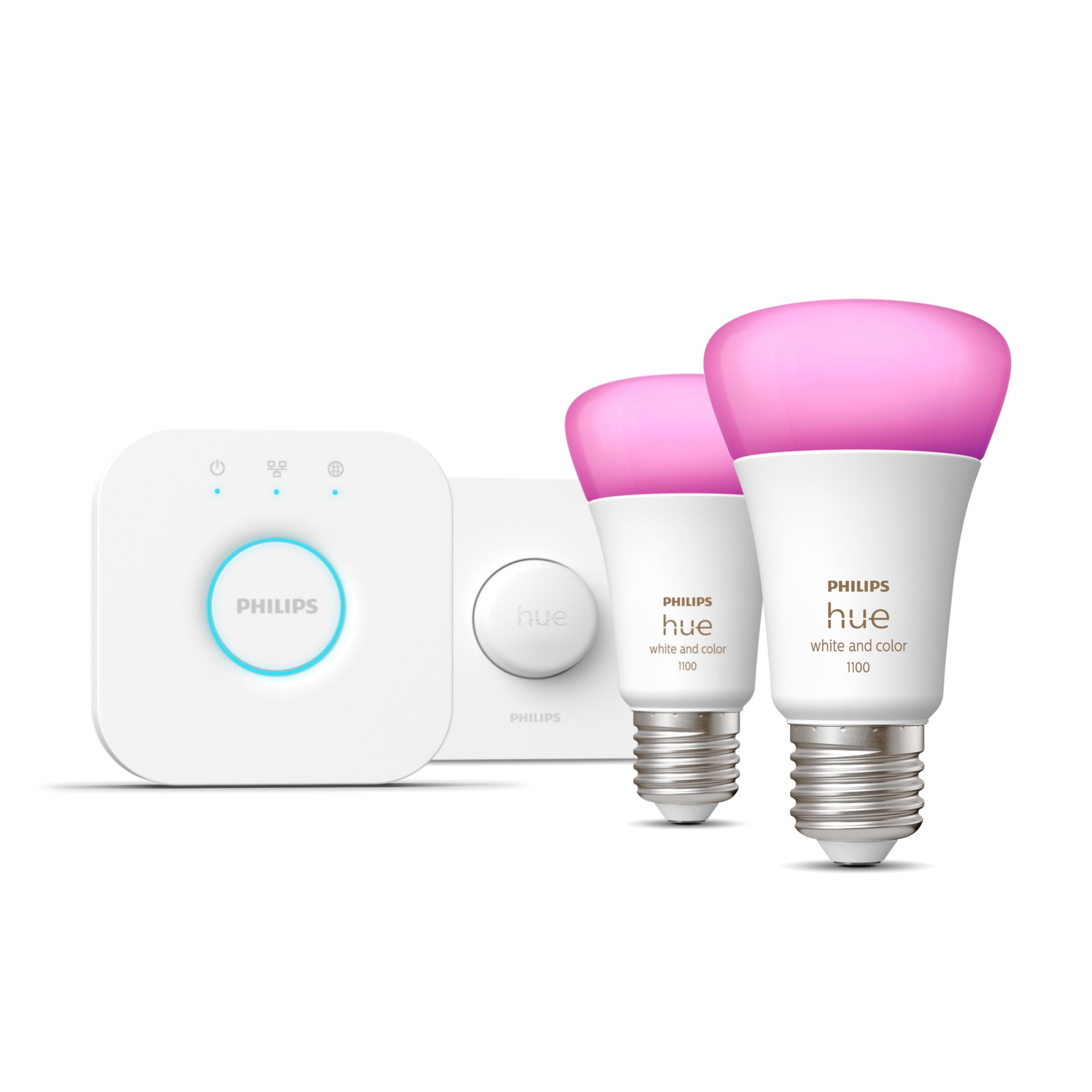 Philips Hue White & Color Ambiance Starterkit: 2 E27 Slimme Lampen (1100) + Smart Button