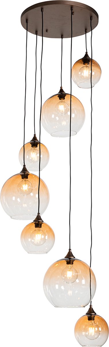 QAZQA Art Deco hanglamp donkerbrons met amber glas 7-lichts - Sandra