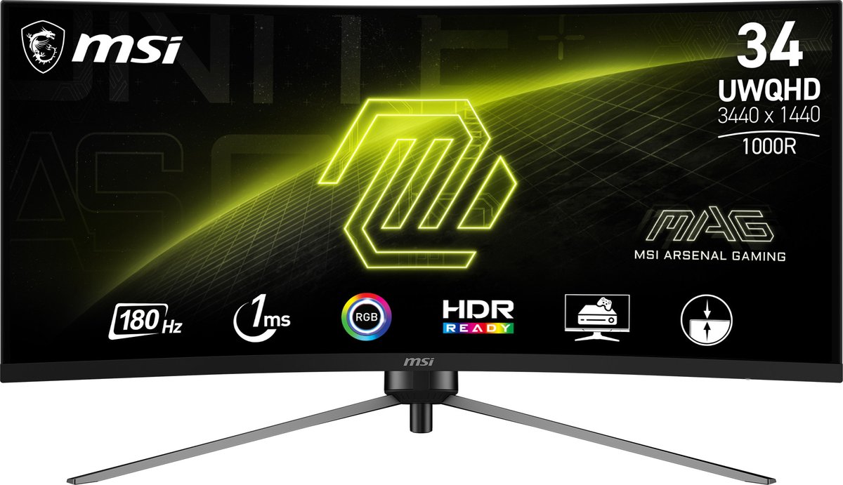 MSI MAG 345CQRDE Gaming monitor Energielabel F (A - G) 86.4 cm (34 inch) 3440 x 1440 Pixel 16:9 1 ms HDMI, DisplayPort, Hoofdtelefoonaansluiting VA LCD