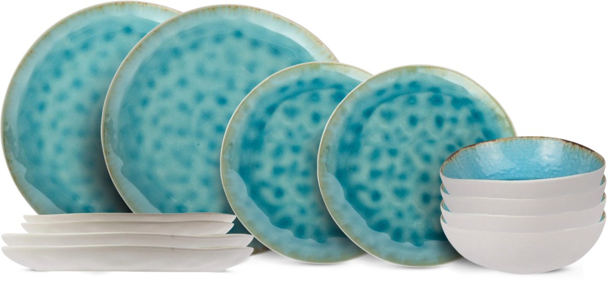 Cosy & Trendy Serviesset Laguna Azzurro 12-Delig / 4 personen - 4 dinerborden, 4 ontbijtborden en 4 kommen