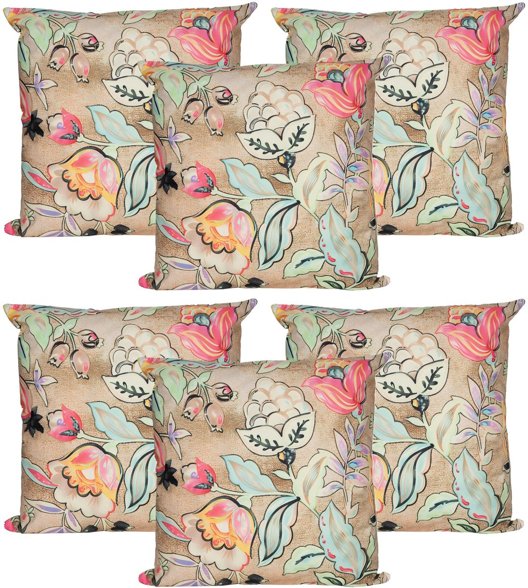 Sierkussen voor binnen en buiten - 6x - wild flowers - beige - 60 x 60 cm - tuinkussen -