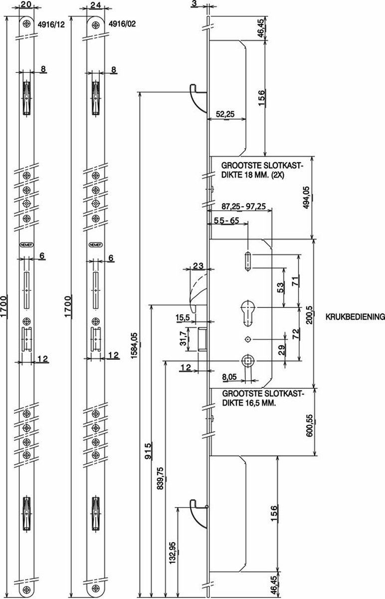 Nemef 4916 Veiligheidsmeerpuntssluiting | krukbediend | SKG*** | DM65mm | PC72mm cilinder boven kruk | voorplaat staal verzinkt 24x1700mm afgerond| DR