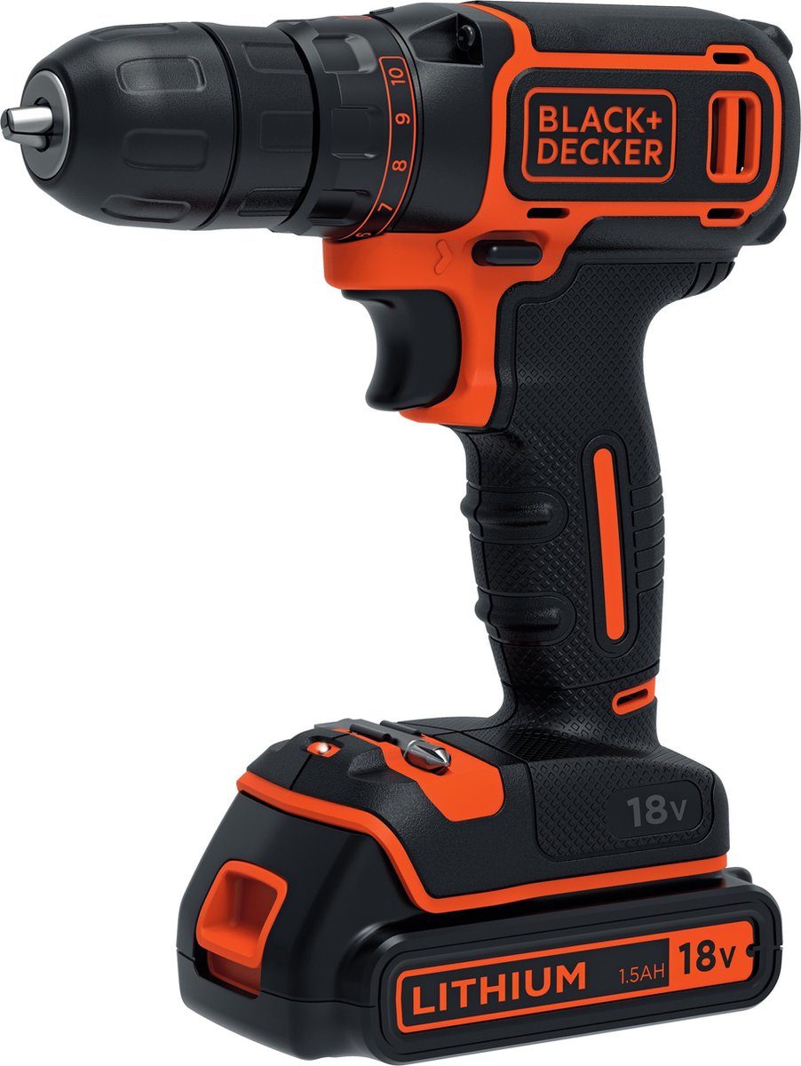 BLACK+DECKER BDCDC18KB 18V 2x1.5Ah Schroefboor - 1 snelh | 2x 18V 1.5Ah accu's + 400mA Lader | In koffer - BDCDC18KB-QW